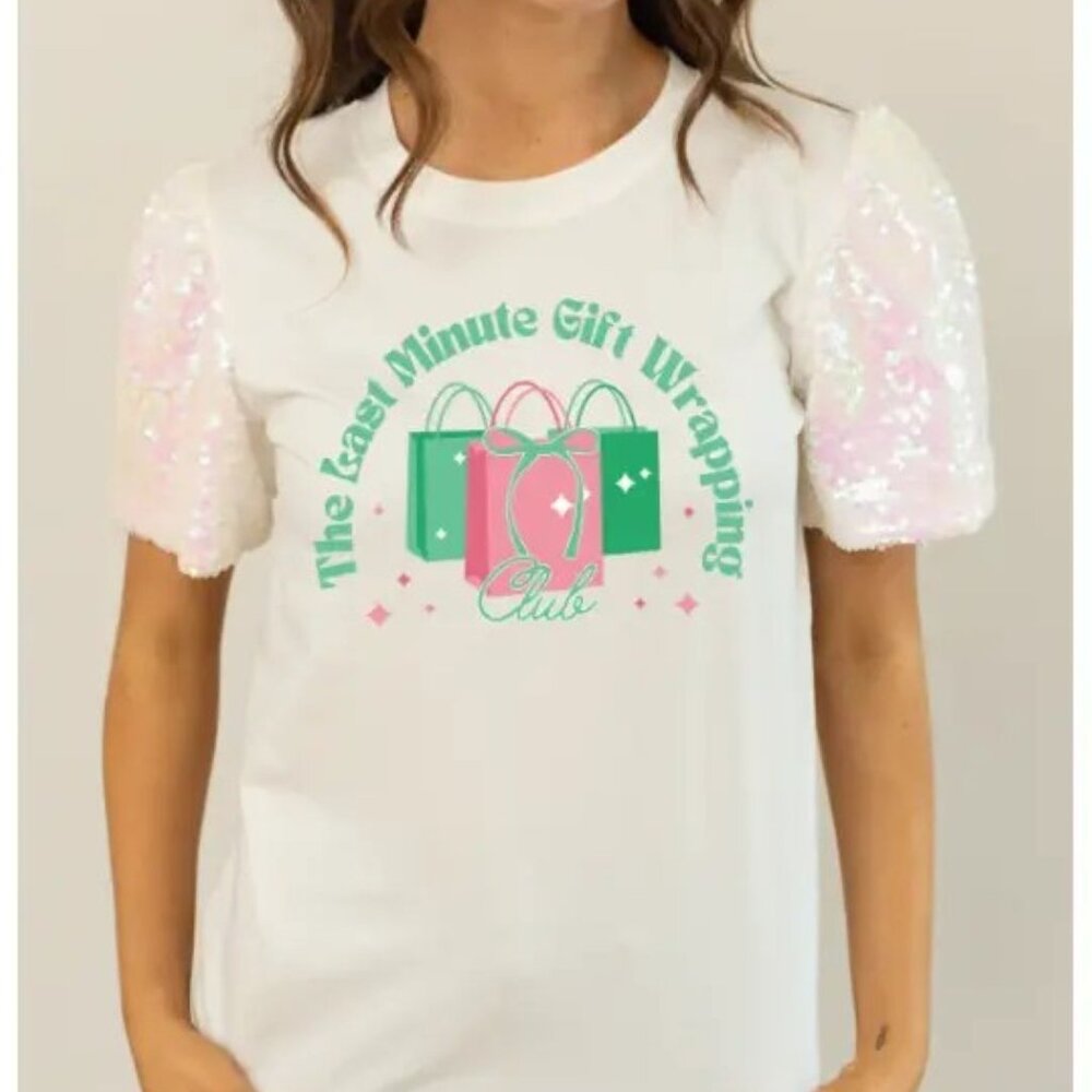 Last Minute Gift Wrapping Social Club on Sequins Puff Sleeve Top